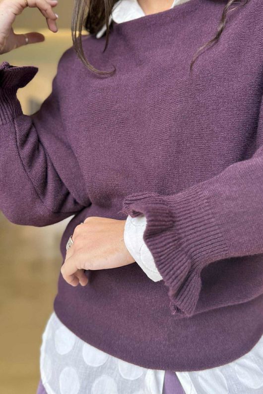 Conrad Batwing Ruffle Cuff Knit Aubergine